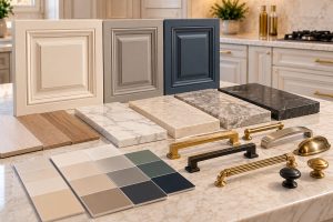 انتخاب نمونه درب، رنگ، صفحه سنگ و دستگیره کابینت نئوکلاسیک پیش از سفارش