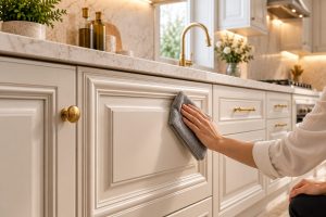 تمیز کردن درب قاب‌دار کابینت نئوکلاسیک با دستمال میکروفایبر نرم