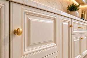 جزئیات قاب ابزارخورده و رنگ شیری درب کابینت نئوکلاسیک با صفحه سنگ یکپارچه
