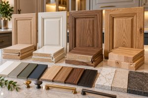 مقایسه نمونه درب کابینت نئوکلاسیک با MDF خام، پوشش رنگی، روکش چوب و چوب طبیعی