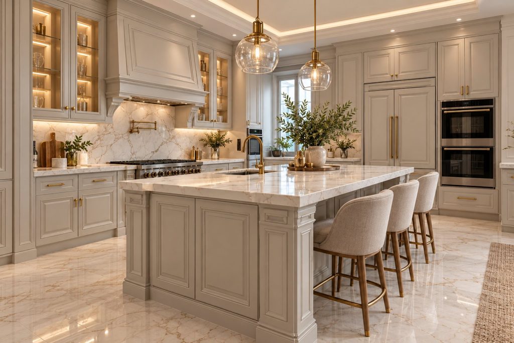 کابینت نئوکلاسیک کرم با درب قاب‌دار و جزیره آشپزخانه