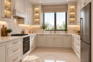 کابینت نئوکلاسیک برای آشپزخانه کوچک با رنگ شیری و طراحی بدون جزیره