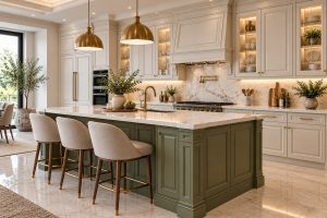 کابینت نئوکلاسیک دو رنگ شیری و سبز زیتونی با جزیره آشپزخانه
