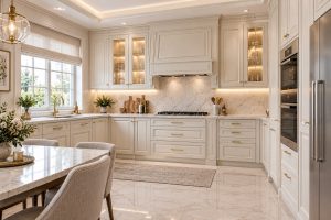 آشپزخانه نئوکلاسیک شیری با کابینت‌های قاب‌دار و طراحی روشن