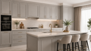 کابینت نئوکلاسیک پلی‌اورتان طوسی روشن (گریژ) با جزیره و طراحی مدرن