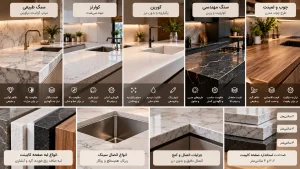 مقایسه انواع صفحه کابینت مدرن شامل سنگ طبیعی، کوارتز، کورین، سنگ مهندسیشده و طرح چوب