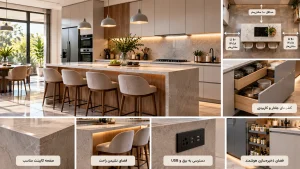 طراحی جزیره کابینت مدرن با صفحه سنگی، فضای نشیمن، کشوهای جادار و مسیر رفتوآمد اطراف جزیره