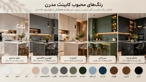 مقایسه رنگهای محبوب کابینت مدرن شامل سفید، طوسی، کرم، سبز و مشکی در طراحی آشپزخانه