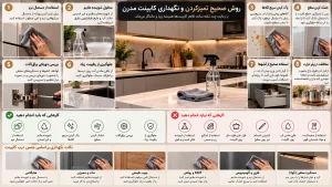 راهنمای تمیزکردن کابینت مدرن با دستمال میکروفایبر، شوینده ملایم و روشهای مراقبت از دربها و یراقآلات