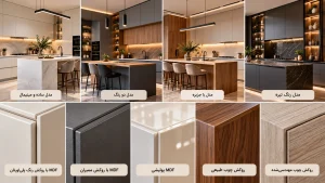 مقایسه مدلهای کابینت مدرن و نمای نزدیک متریالهای مات، براق، ممبران و روکش چوب