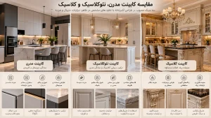 مقایسه کابینت مدرن با درب ساده، کابینت نئوکلاسیک با قاببندی ظریف و کابینت کلاسیک با منبتکاری و تزئینات بیشتر