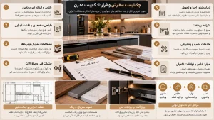 چکلیست سفارش کابینت مدرن شامل اندازهگیری، انتخاب متریال و یراقآلات، شرایط قرارداد، نصب و زمان تحویل