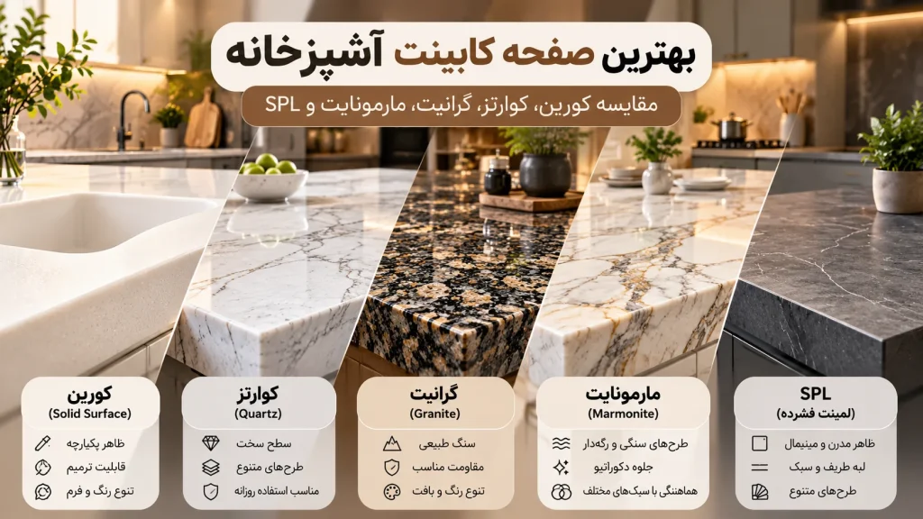 مقایسه انواع صفحه کابینت آشپزخانه شامل کورین، کوارتز، گرانیت، مارمونایت و SPL