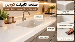 صفحه کابینت کورین سفید با سینک یکپارچه، اتصال بدون درز برجسته و لبه گرد