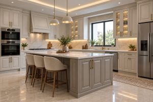 آشپزخانه روشن با کابینت انزو و جزیره مرکزی