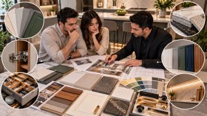 بررسی مدل کابینت آشپزخانه، نمونه رنگ، صفحه سنگ و یراق‌آلات پیش از سفارش