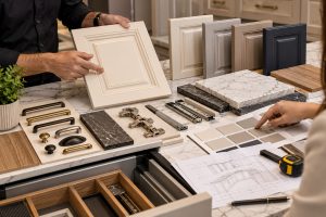 انتخاب نمونه درب ممبران، رنگ، صفحه سنگ و یراق‌آلات پیش از سفارش کابینت
