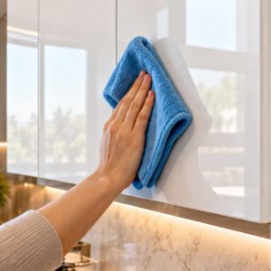 تمیز کردن سطح براق کابینت هایگلاس سفید با دستمال نرم میکروفایبر