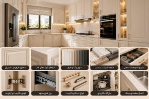 جزئیات صفحه کابینت ممبران، دستگیره، لولا، ریل کشو و تجهیزات کاربردی آشپزخانه