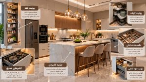 طراحی کابینت آشپزخانه با جزیره کاربردی، یونیت بلند، کشوهای عمیق و نظم‌دهنده داخلی