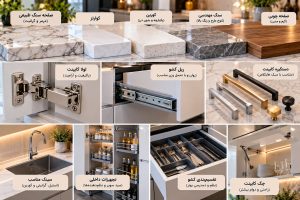 انواع صفحه کابینت و یراقآلات مناسب هایگلاس شامل لولا، ریل کشو، دستگیره و تجهیزات داخلی