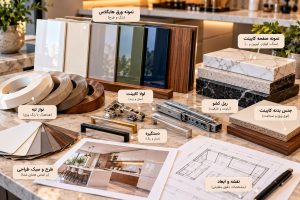 عوامل مؤثر بر قیمت کابینت هایگلاس شامل ورق براق، نوار لبه، صفحه سنگ، لولا، ریل کشو و نقشه طراحی