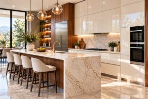 مدل جدید کابینت هایگلاس سفید براق و چوب گردویی با جزیره سنگی در آشپزخانه مدرن