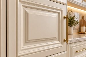 نمای نزدیک درب کابینت ممبران کرم با قاب ابزارخورده و روکش وکیوم