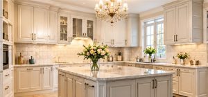 مدل کابینت کلاسیک کرم با قاببندی تزئینی و جزیره آشپزخانه