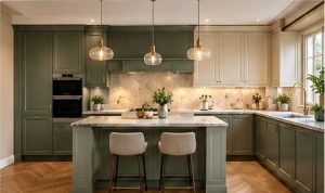 مدل کابینت نئوکلاسیک سبز زیتونی با دربهای قابدار و جزیره
