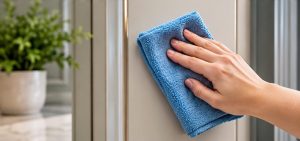 تمیز کردن سطح درب کابینت آشپزخانه با دستمال نرم