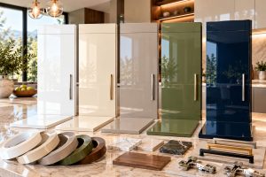 نمونه رنگهای کابینت هایگلاس سفید، کرم، گریژ، سبز زیتونی و سرمهای با سطح براق