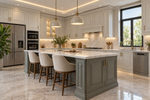 مدل کابینت انزو کرم با درب‌های قاب‌دار و جزیره آشپزخانه