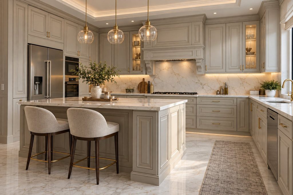 کابینت انزو گریژ با درب قاب‌دار و جزیره آشپزخانه