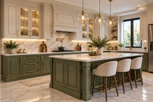 کابینت ممبران دو رنگ شیری و سبز زیتونی با جزیره قاب‌دار و صفحه سنگ روشن
