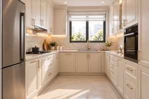 کابینت ممبران شیری برای آشپزخانه کوچک با طراحی U شکل و بدون جزیره