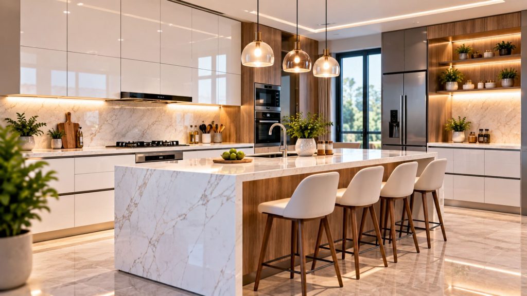 کابینت هایگلاس سفید براق و چوب گردویی با جزیره سنگی در آشپزخانه مدرن