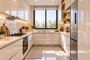 کابینت هایگلاس سفید براق برای آشپزخانه کوچک با چیدمان U شکل و بدون جزیره