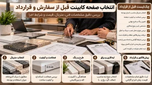 بررسی نمونه متریال، ضخامت، رنگ، لبه‌کاری و مشخصات فنی صفحه کابینت پیش از سفارش و قرارداد