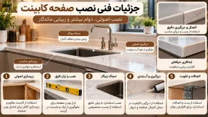 جزئیات فنی نصب صفحه کابینت آشپزخانه شامل زیرسازی، تراز کردن، سینک زیرکار، آب‌بندی اتصالات و لبه‌کاری