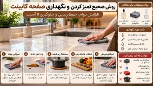 روش صحیح تمیز کردن صفحه کابینت آشپزخانه با دستمال نرم، شوینده ملایم و نکات جلوگیری از لکه، خط‌وخش و آسیب حرارتی
